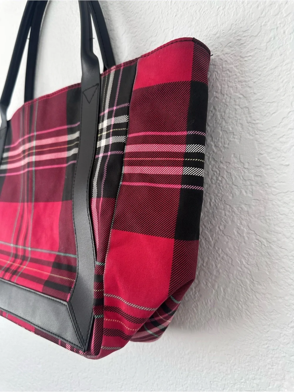 Victoria's Secret Red and Black Plaid Tote with Floral Accent